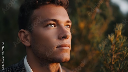 Close up portrait of a thoughtful young man in golden hour light with a blurred natural background