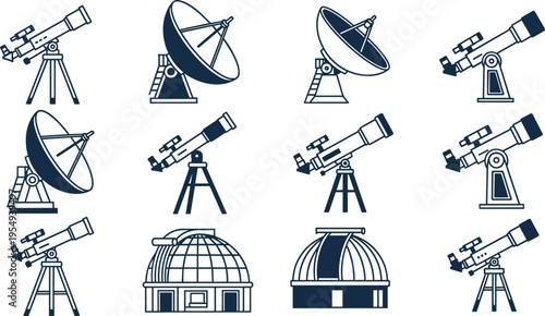Astronomy Telescope and Observatory Icon Set with Satellite Dish Space Observation Equipment and Scientific Instruments Outline Vector Illustration Collection