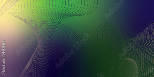 Luminous green, DarkBlue, and Bisque light ribbons curving smoothly across a deep shadowy background filled with tiny glittering particles, futuristic digital technology concept, vector illustration.