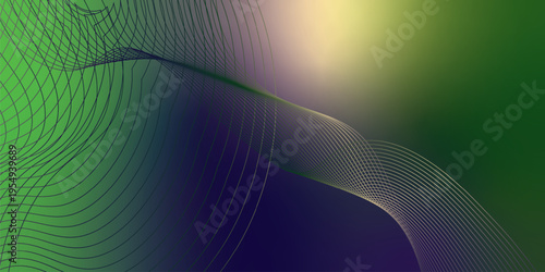 Luminous green, DarkBlue, and Bisque light ribbons curving smoothly across a deep shadowy background filled with tiny glittering particles, futuristic digital technology concept, vector illustration.