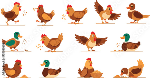 Cartoon Chicken and Duck Farm Animal Set with Feeding Poses, Cute Poultry Characters Collection for Agriculture, Kids Illustration, and Rural Farming Design