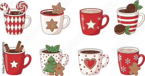 Christmas Mug Set with Hot Cocoa Candy Cane Gingerbread and Festive Winter Drinks Cozy Holiday Cartoon Vector Illustration Collection