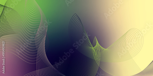 Luminous green, DarkBlue, and Bisque light ribbons curving smoothly across a deep shadowy background filled with tiny glittering particles, futuristic digital technology concept, vector illustration.