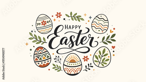 Happy Easter vector illustration with decorative eggs, floral branches and elegant hand drawn lettering, modern pastel spring greeting design.
