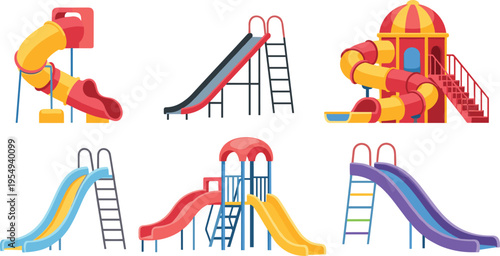 Colorful Playground Slides Collection with Outdoor Kids Play Equipment Park Structures and Fun Amusement Set Cartoon Style Vector Illustration