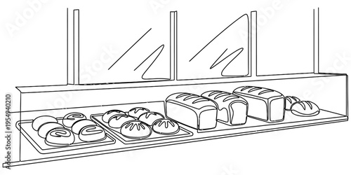 Minimal one line bakery display with bread and pastry showcase