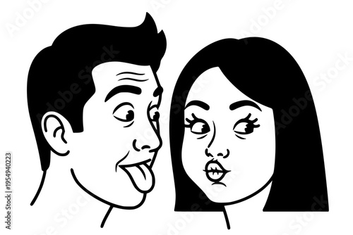 Couple Making Funny Faces Silly Marriage Humor Playful Relationship Selfie Fun Black Vector Silhouette
