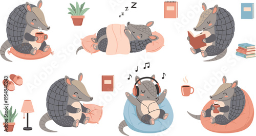 Cute Armadillo Daily Life Activities Set with Sleeping Reading Listening Music Drinking Coffee Cozy Home Cartoon Vector Illustration Collection