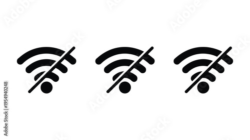 No WiFi sign, disconnect WiFi icon set with blocked wireless signal symbols, internet connection off indicators, simple technology warning graphics, isolated vector illustration.