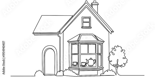 Minimalist Continuous One Line Drawing of Cozy English Country Cottage