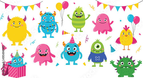 Cute Cartoon Monster Party Character Set with Funny Creatures, Balloons, Birthday Decorations, and Colorful Fantasy Mascots in Playful Vector Illustration Collection