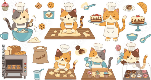 Cute Cat Bakers Set with Pastry Desserts Cooking Kitchen Scenes Cupcakes Bread and Cookies Cartoon Style Vector Illustration Collection