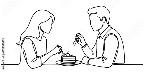 Continuous One Line Drawing of Couple Sharing Dessert Cake Date