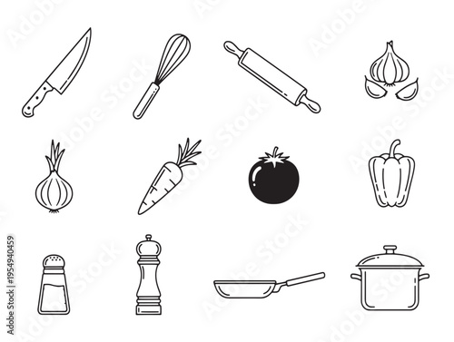 A collection of kitchen utensils and food items