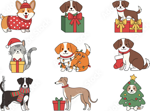 Cute Christmas Dogs and Cat Cartoon Set with Gifts Santa Hat Sweater and Tree Festive Pets Illustration for Holiday Greeting Cards and Seasonal Design