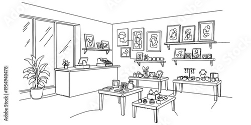 Minimalist Art Gallery Interior Continuous One Line Drawing Vector Illustration
