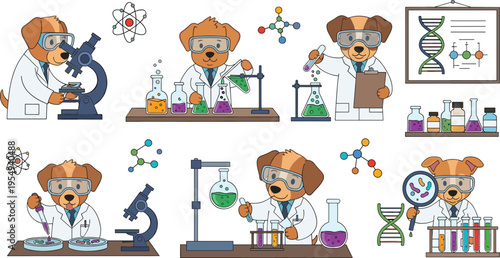 Cute Dog Scientist Characters Set with Chemistry Lab Equipment Experiments Molecules DNA and Laboratory Tools Cartoon Vector Illustration Collection