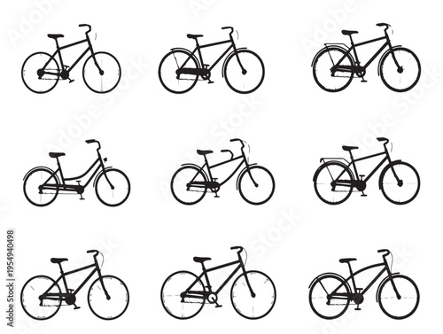A group of bicycles in various positions