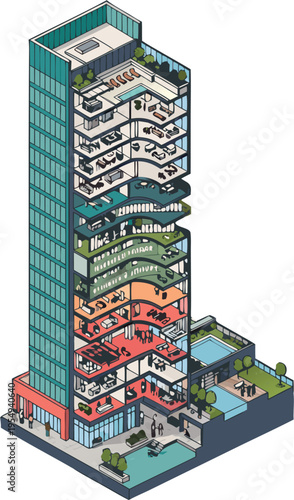 Modern mixed-use high-rise building isometric illustration revealing diverse interior spaces and luxurious amenities