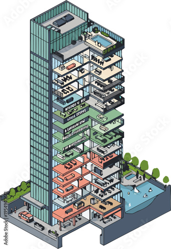 Modern high-rise building cross-section isometric illustration detailed architectural layers and urban amenities