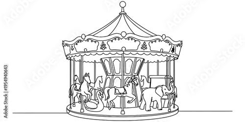 Detailed Continuous One Line Drawing of Vintage Fairground Carousel Ride