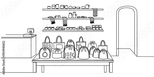 Minimalist Continuous One Line Drawing of Boutique Fashion Accessories Shop