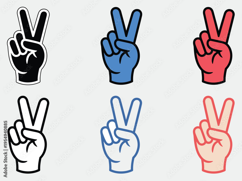 Obraz premium Peace hand gesture icons, showing the classic victory sign in filled and outline styles, with clean bold line shapes ideal for UI, apps, stickers, and digital graphics.