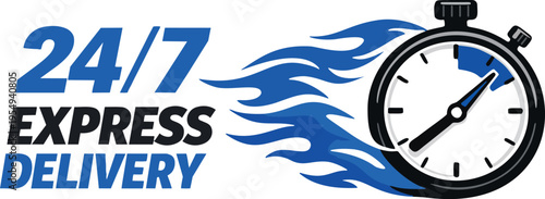 Fast 24/7 express delivery concept featuring stopwatch icons with speed motion flames and dynamic typography.