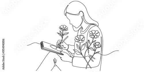 Continuous One Line Drawing of Woman Artist Sketching Floral Flowers