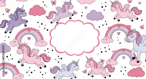 Cute Unicorn Fantasy Frame with Rainbow Clouds and Magical Flying Horses Kids Background Template Cartoon Style Vector Illustration Design