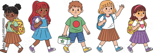Diverse School Children Walking with Backpacks and Books Cartoon Vector Illustration Set for Education, Elementary Students, and Back to School Design Projects