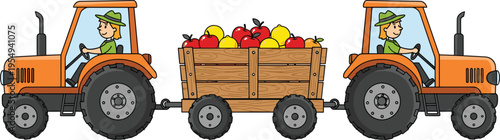 Farm Tractor Transporting Fresh Apples with Farmer Driving Agricultural Vehicle, Harvest Season Scene with Wooden Cart Full of Fruits in Cartoon Vector Illustration