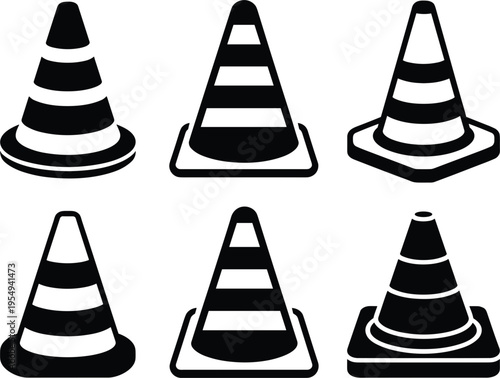 Traffic cone vector icon set, black silhouettes for road safety and construction site signs