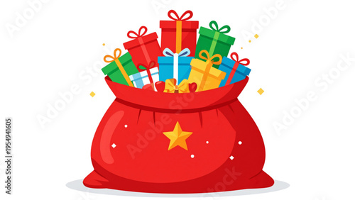 Santa Claus bag filled with Christmas gifts, isolated flat colorful vector illustration