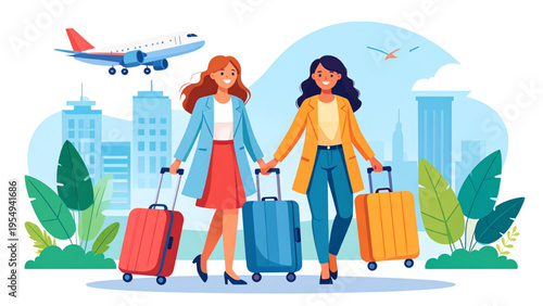 Two friends women traveling with luggage to airport, flat colorful vector illustration of travel and vacation