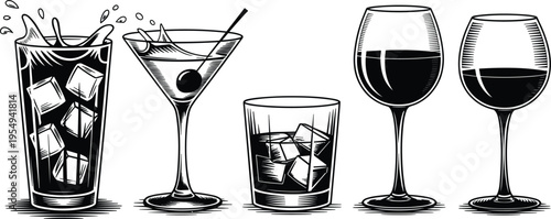 Hand drawn vintage cocktail and wine glass collection, featuring alcoholic beverages with ice splashes