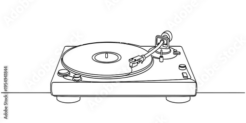 Minimalist Continuous One Line Drawing of Retro Vinyl Record Turntable
