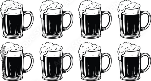 Black and white beer mug pattern vector, hand drawn sketch style icons for pubs
