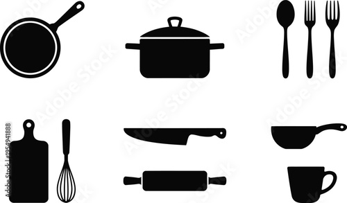 Kitchen Utensils Icons: Frying Pan, Pot, Spoon, Fork, Knife, Whisk, Rolling Pin, Cutting Board, Cup - Black Silhouette Collection, Cooking Tools
