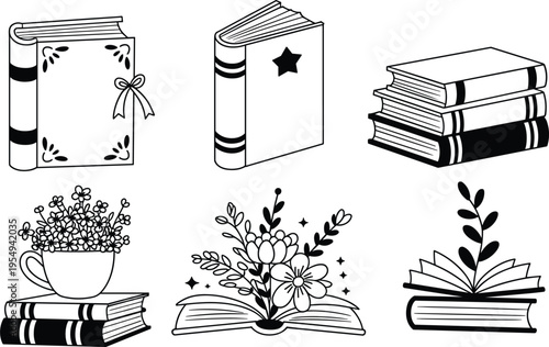 Set of hand drawn aesthetic book and floral elements for library or reading lovers