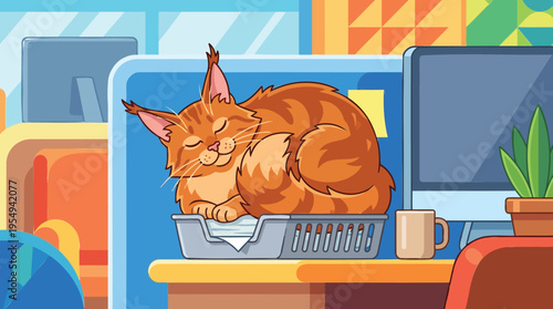 A ginger cat peacefully napping in an office inbox tray, bringing a touch of comfort and relaxation to the modern workspace