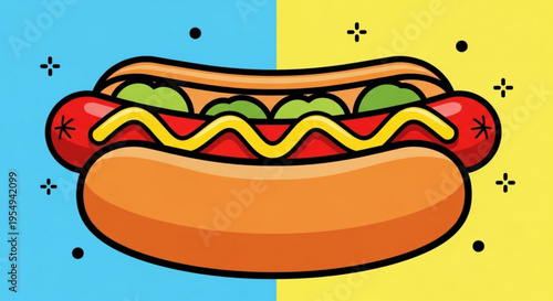 Colorful hot dog with ketchup mustard and relish on a bun against a split blue and yellow background with decorative elements