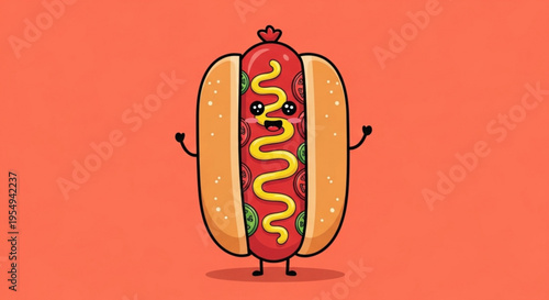 Cartoon hot dog with ketchup and mustard on bun smiling and standing on orange background food illustration