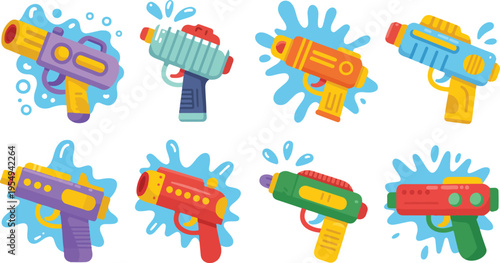 Kids Water Gun Vector Set with Plastic Toy Blasters, Summer Outdoor Games, Liquid Splashes, Pump Handguns for Songkran Party
