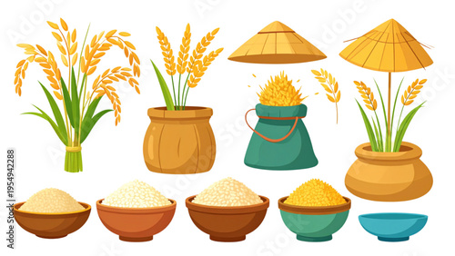 Rice plant with grains, straw hat, and rice bowl, flat colorful vector illustration of harvest and agriculture
