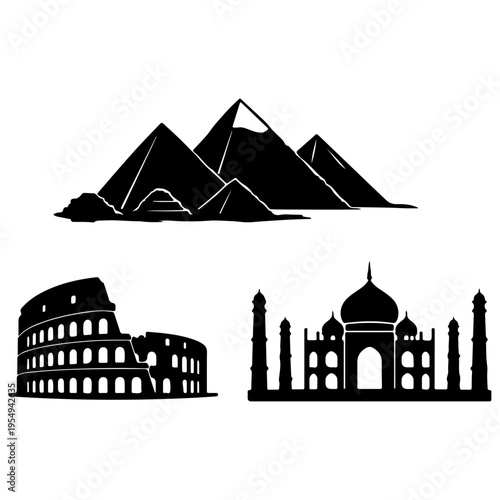 Set of landmark and monument icons featuring famous buildings and cultural architecture from around the world