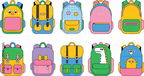 School Colored Backpacks Vector Set with Bright Kids Rucksacks, Patch Pockets, Keychains, Badges, and Student Accessories PNG Collection