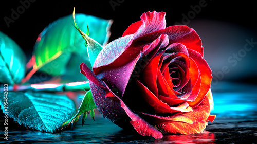 Vibrant Red Flower with Water Drops on Dark Background and Blue Light