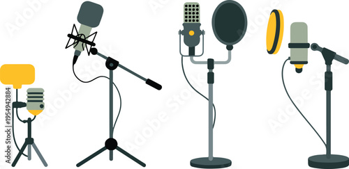 Microphones Vector Set for Sound Recording, Podcasting, Live Streaming, Radio Broadcast, Interviews, Media Studio, and Professional Audio Equipment Collection