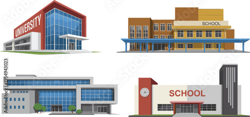 Modern university and school building vector set, featuring contemporary educational architecture with glass facades
